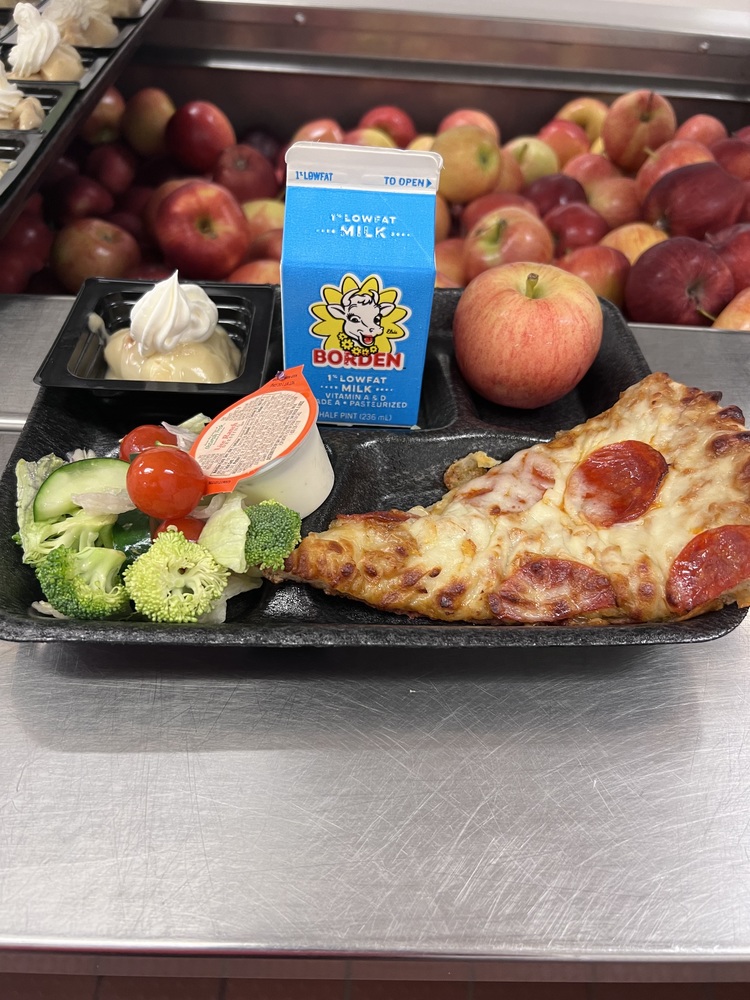 Picture of school lunch featuring pizza and salad