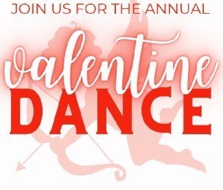 White, pink and red graphic that says join us for the annual valentine dance