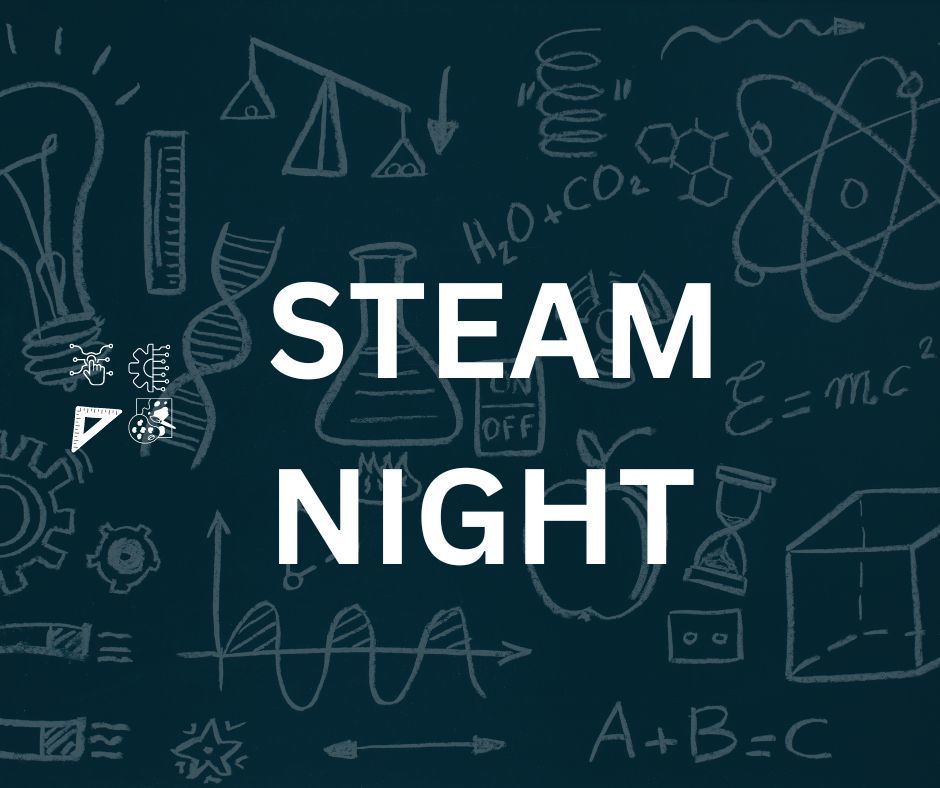 Grey graphic with science symbols that says STEAM Night
