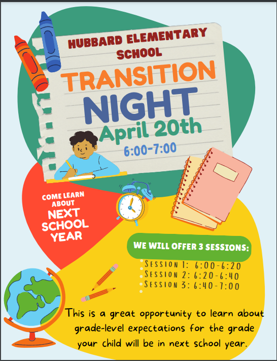 Hey HES Family!  Join us for Transition Night THIS THURSDAY, April 20 from 6pm-7pm. There will be three sessions offered to allow for parents with multiple students to attend each grade level's presentation. The sessions will be as follows: 6:00pm-6:15pm, 6:20pm-6:35pm, 6:40-6:55pm. This event is for the purpose of learning the grade level expectations for the grade your child will be in next year. Your child's teacher(s) for next school year will not be determined until the end of the summer.