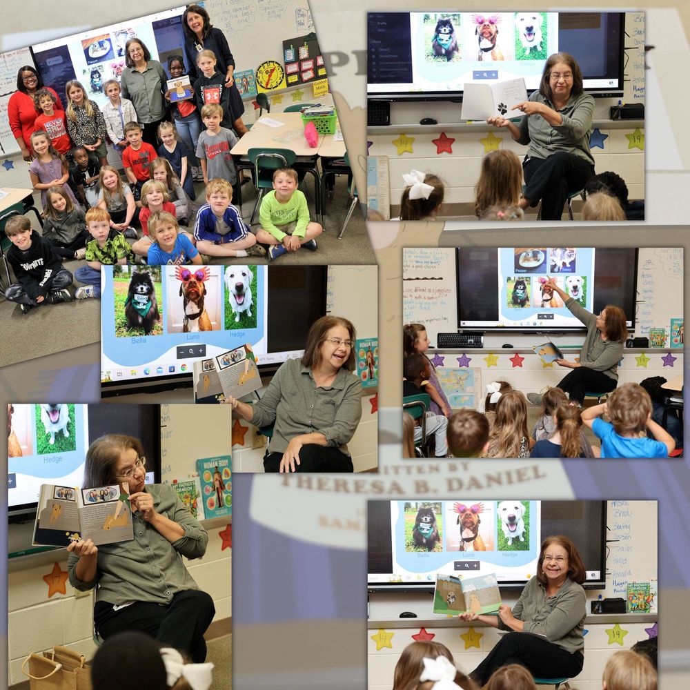 pictures of 1st graders listening to Mrs. Daniel read her book Pepper's Special Day