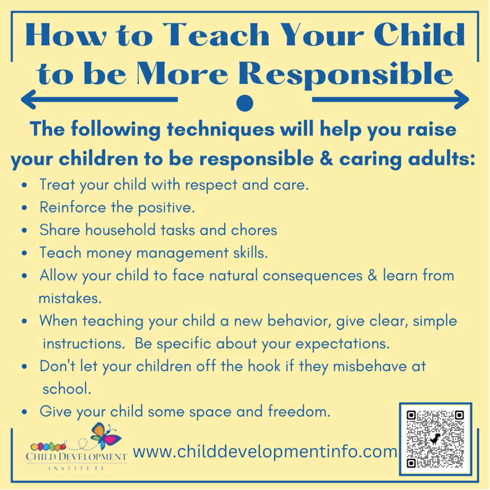 The following techniques will help you raise your children to be responsible & caring adults:  Treat your child with respect and care.  Reinforce the positive.  Share household tasks and chores  Teach money management skills.  Allow your child to face natural consequences & learn from        mistakes.  When teaching your child a new behavior, give clear, simple         instructions.  Be specific about your expectations.   Don't let your children off the hook if they misbehave at         school.  Give your child some space and freedom.